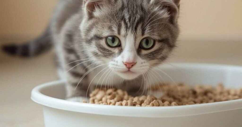 Cat burying food bowl