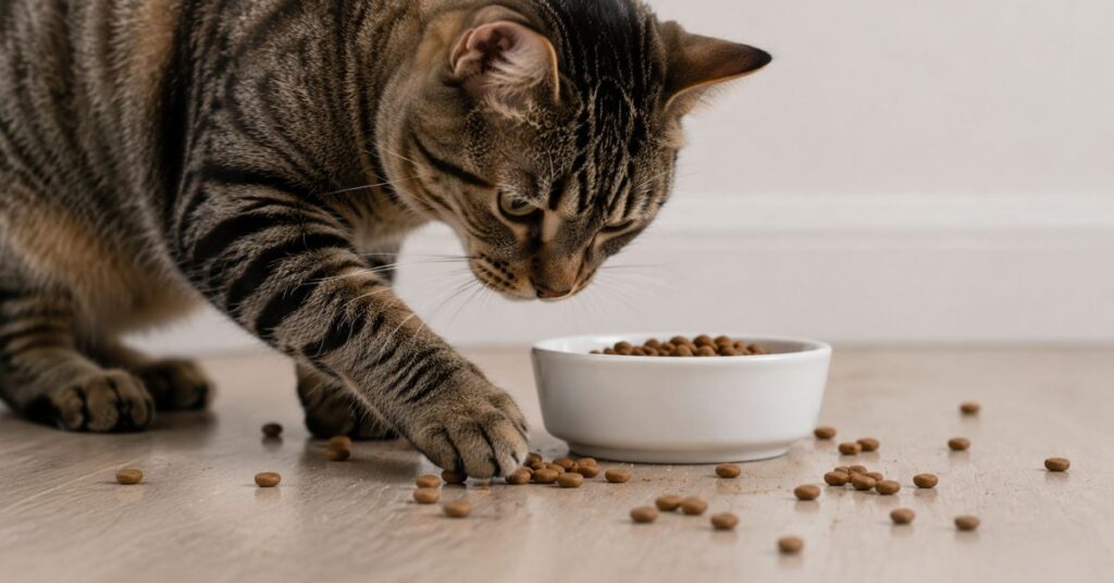 Cat burying food bowl